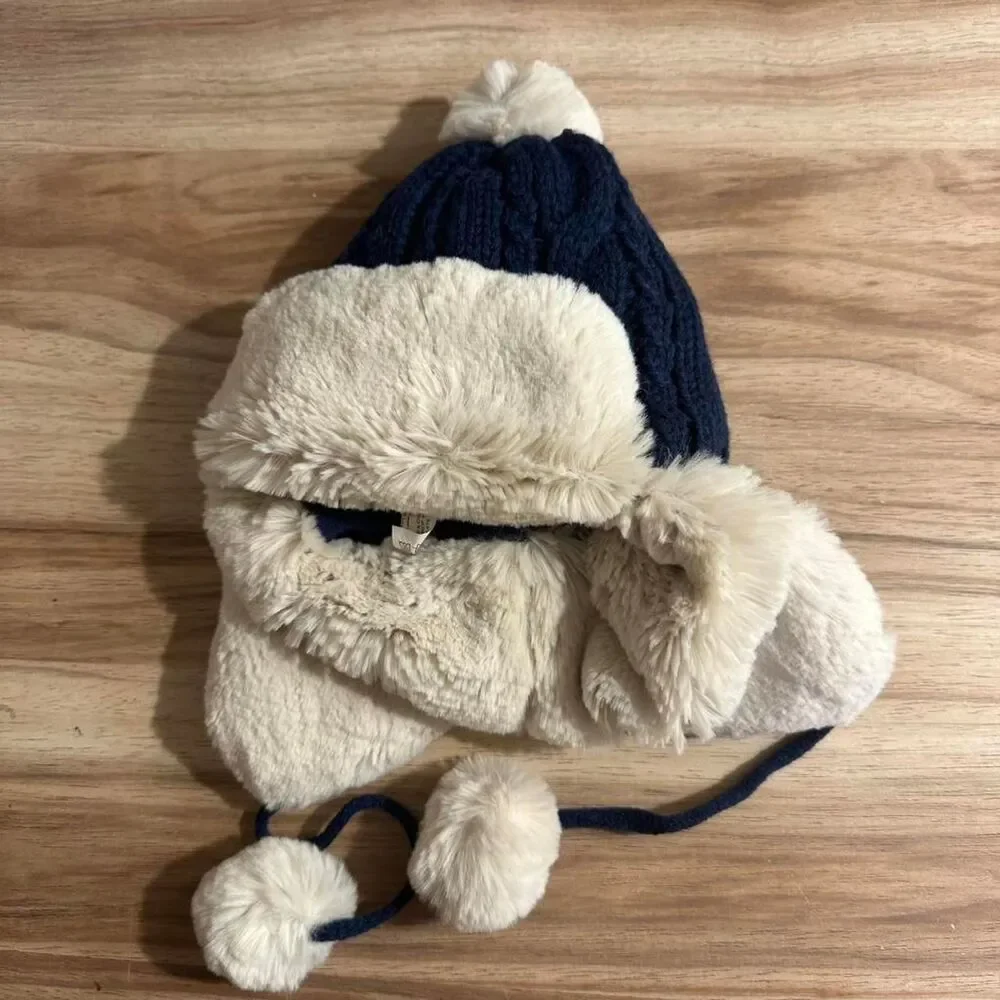 Baby Winter Trapper Hat 18-24M Navy Blue Faux Fur Pom Pom Ear Flap kids ushanka